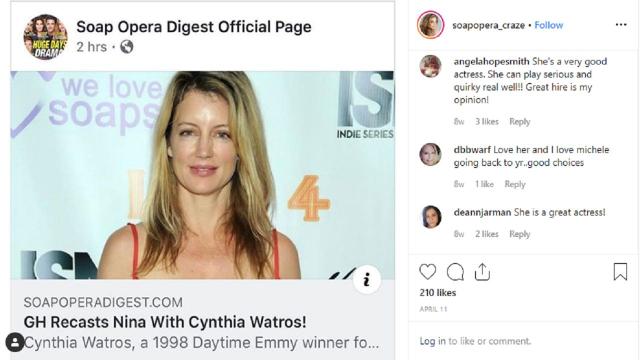 General Hospital is wecolming Cynthia Watros to the fold as Nina