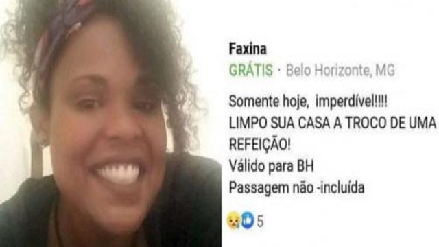 Mulher faz postagem em rede social oferecendo faxina em troca de comida